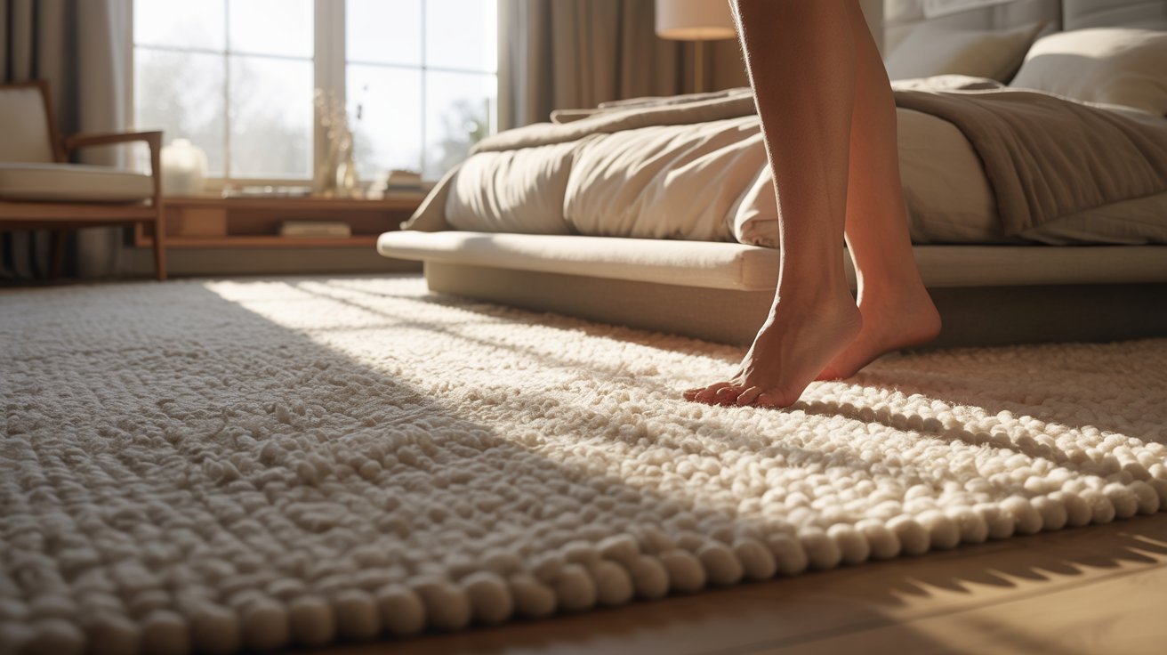A woman's bare feet resting on a soft rug in a cozy bedroom setting.