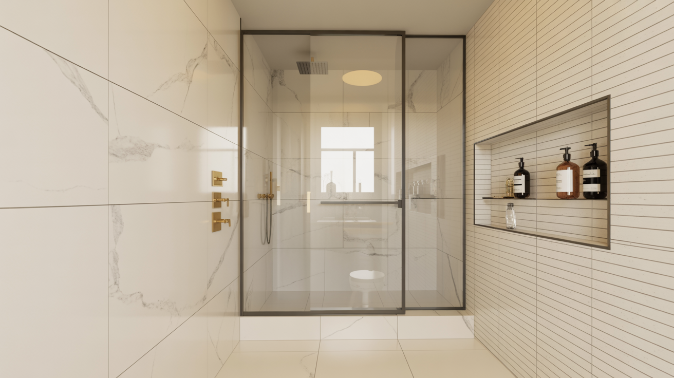 A sleek modern bathroom featuring a glass shower door and contemporary fixtures.