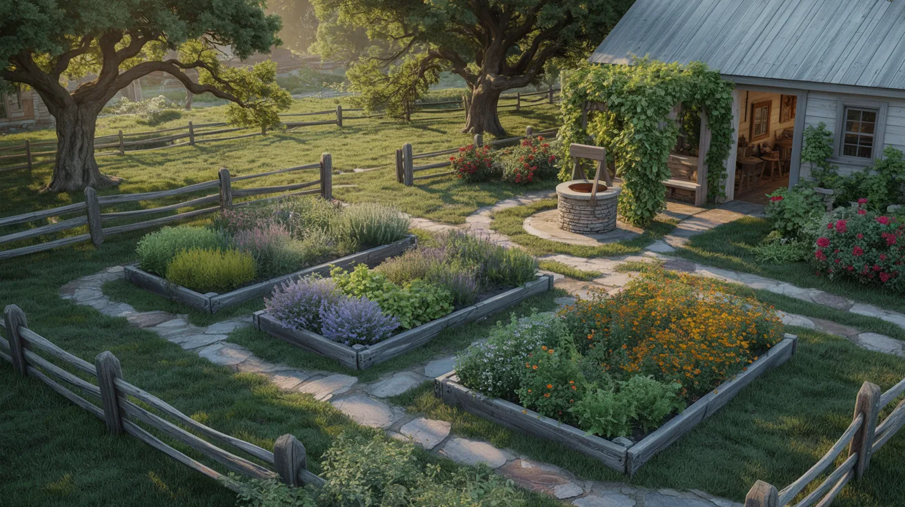 A scenic farm featuring a lush garden in front of a charming house surrounded by greenery.