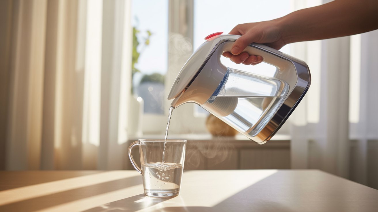 A person pouring clear water from a pitcher into a transparent glass on a wooden table.
