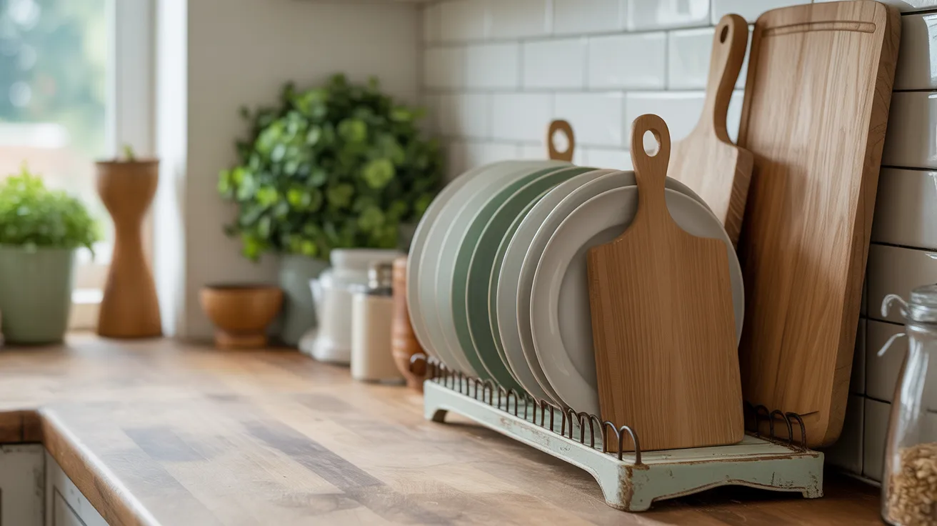 Kitchen counter with wooden cutting boards, neatly organized plates in a rack, and a potted plant. The setting feels cozy and orderly.