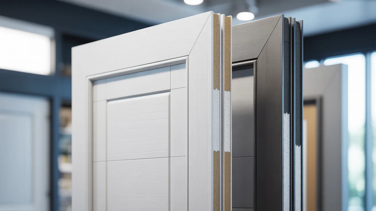 Close-up of several cabinet door samples displayed in a showroom. The white and dark gray doors contrast against a blurred background, conveying a modern design.