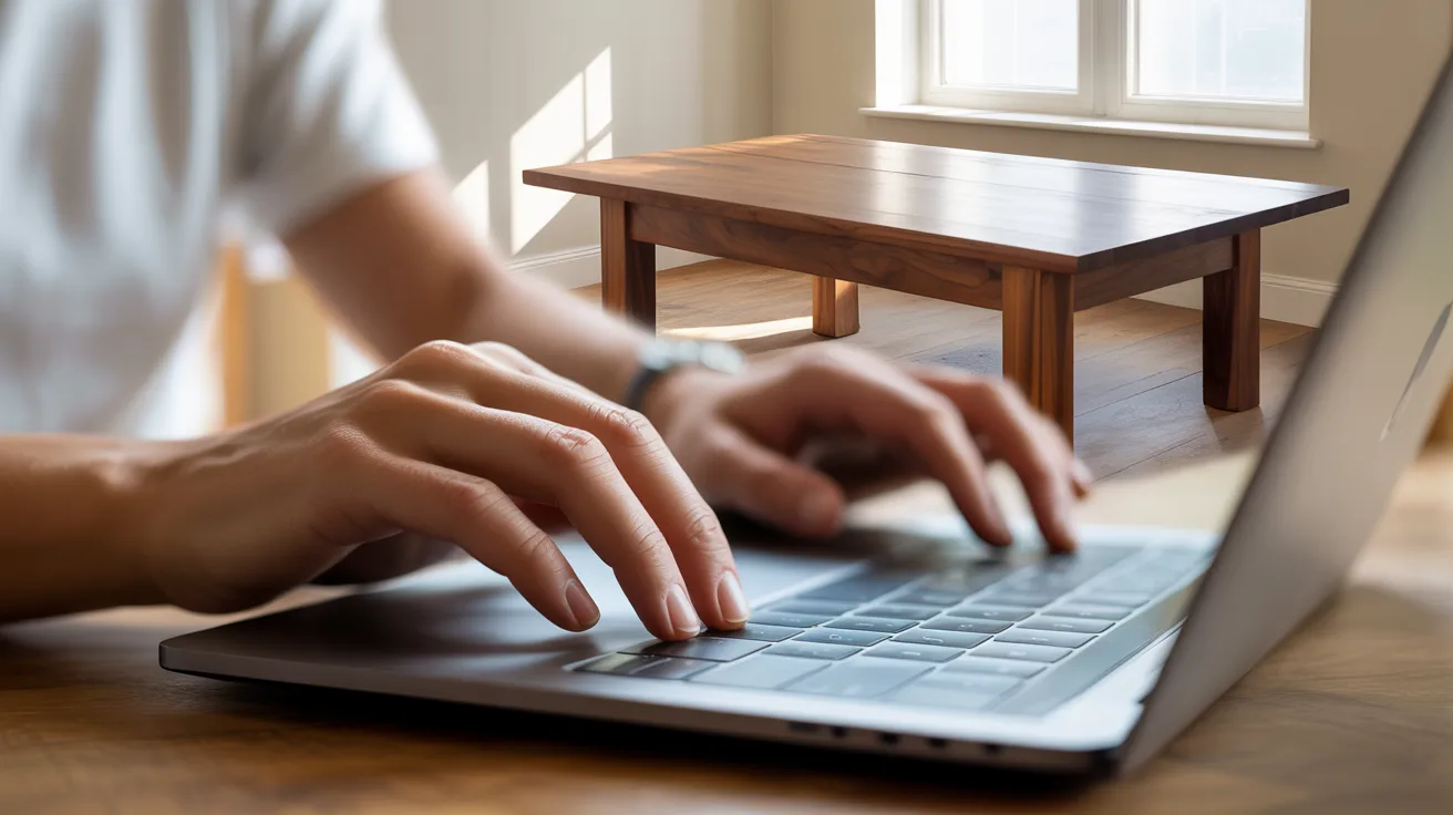 A person types on a laptop at a wooden table in a bright room with sunlight streaming through a window, creating a calm and focused atmosphere.