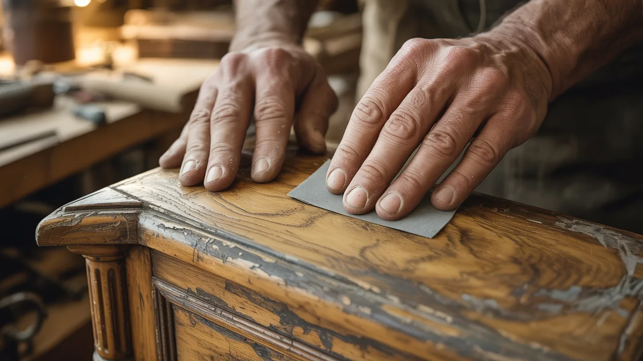 Hands gently sand an antique wooden table in a warm, rustic workshop. The scene conveys a sense of craftsmanship and care, highlighting wood grain details.