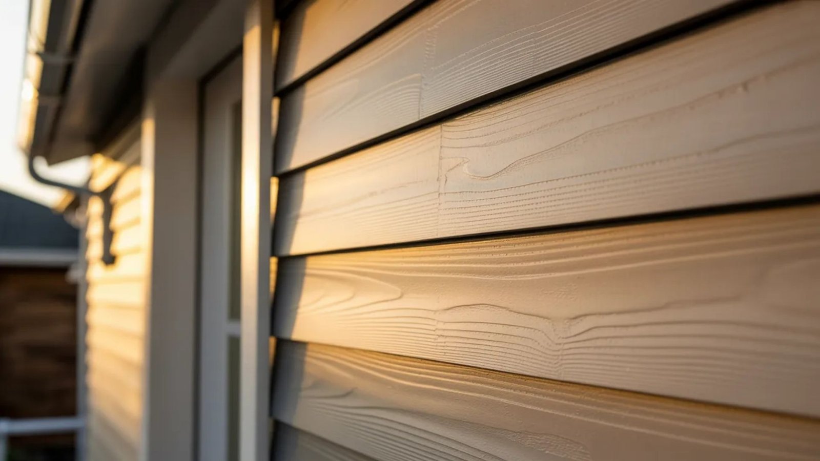 Close-up of wooden siding on a house, showcasing the texture and grain of the wood.