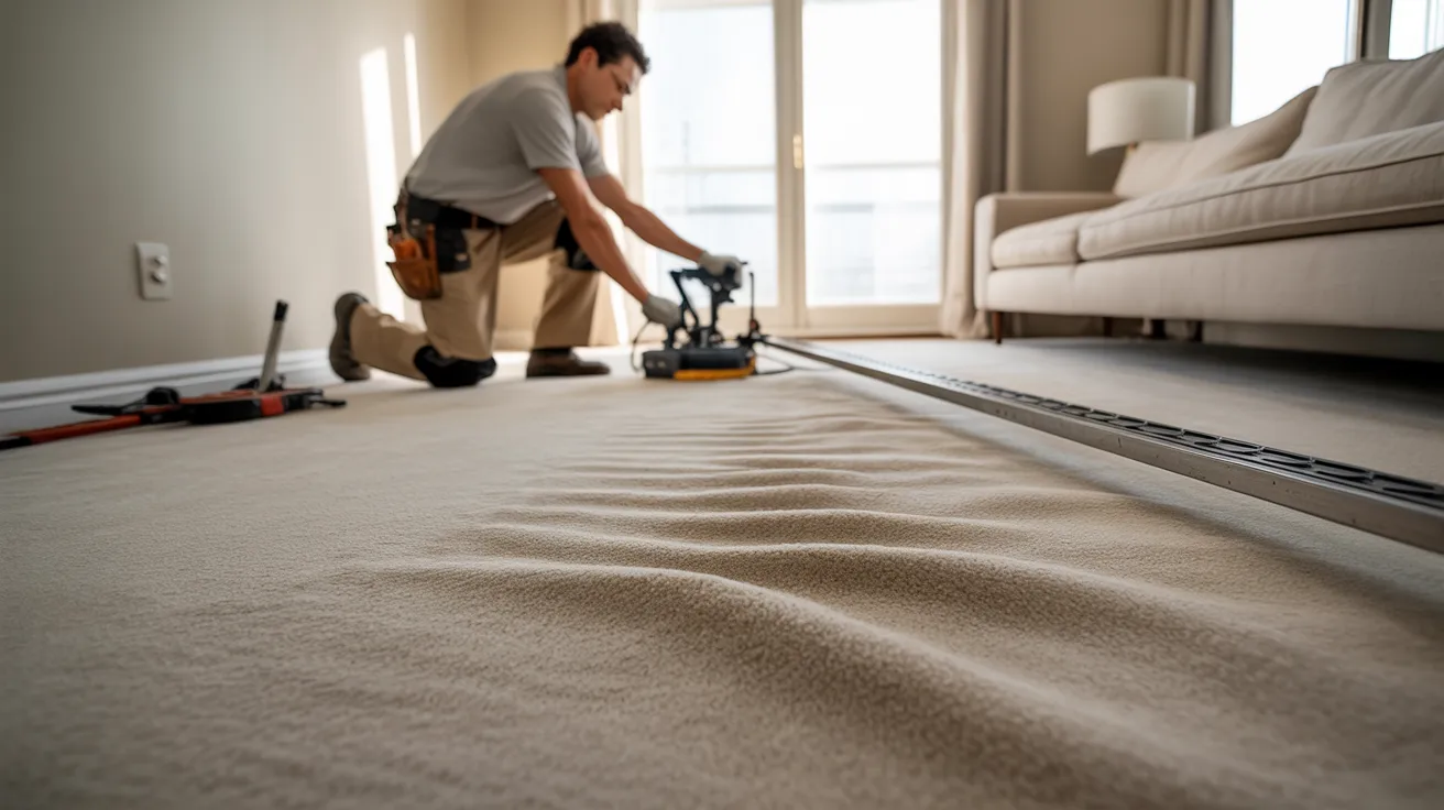 A man is kneeling on a carpet in a living room, focused on his work.