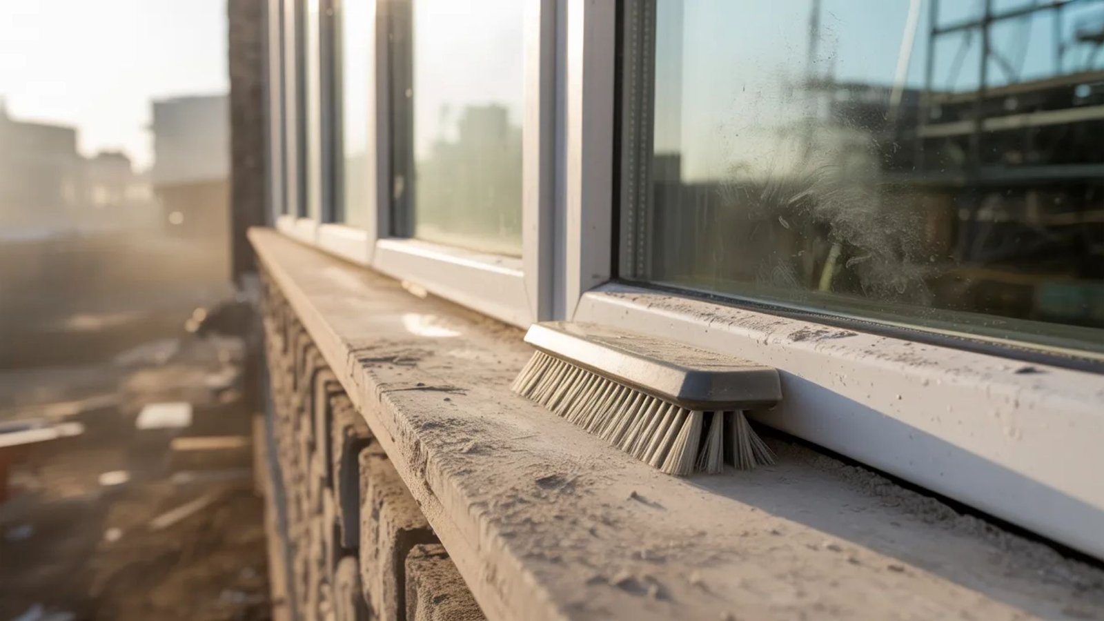 A window cleaning brush rests on a window sill, ready for use in maintaining clear and clean glass surfaces.