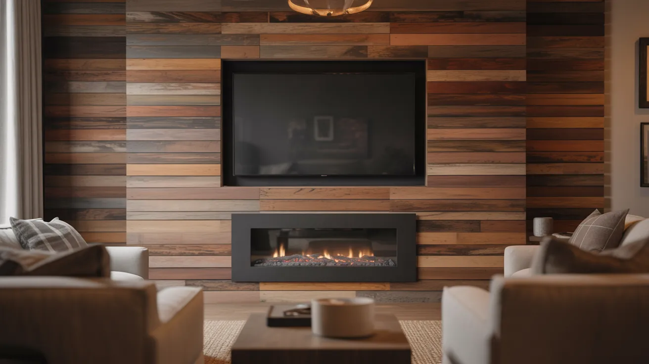 A modern living room featuring a cozy fireplace and elegant wood paneling, creating a warm and inviting atmosphere.