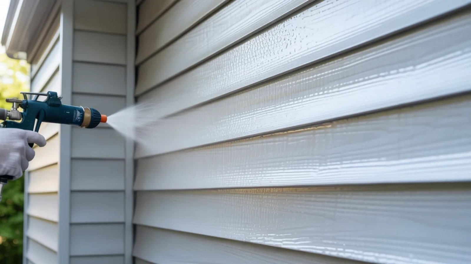 A man operates a power sprayer to paint the exterior siding of a house.