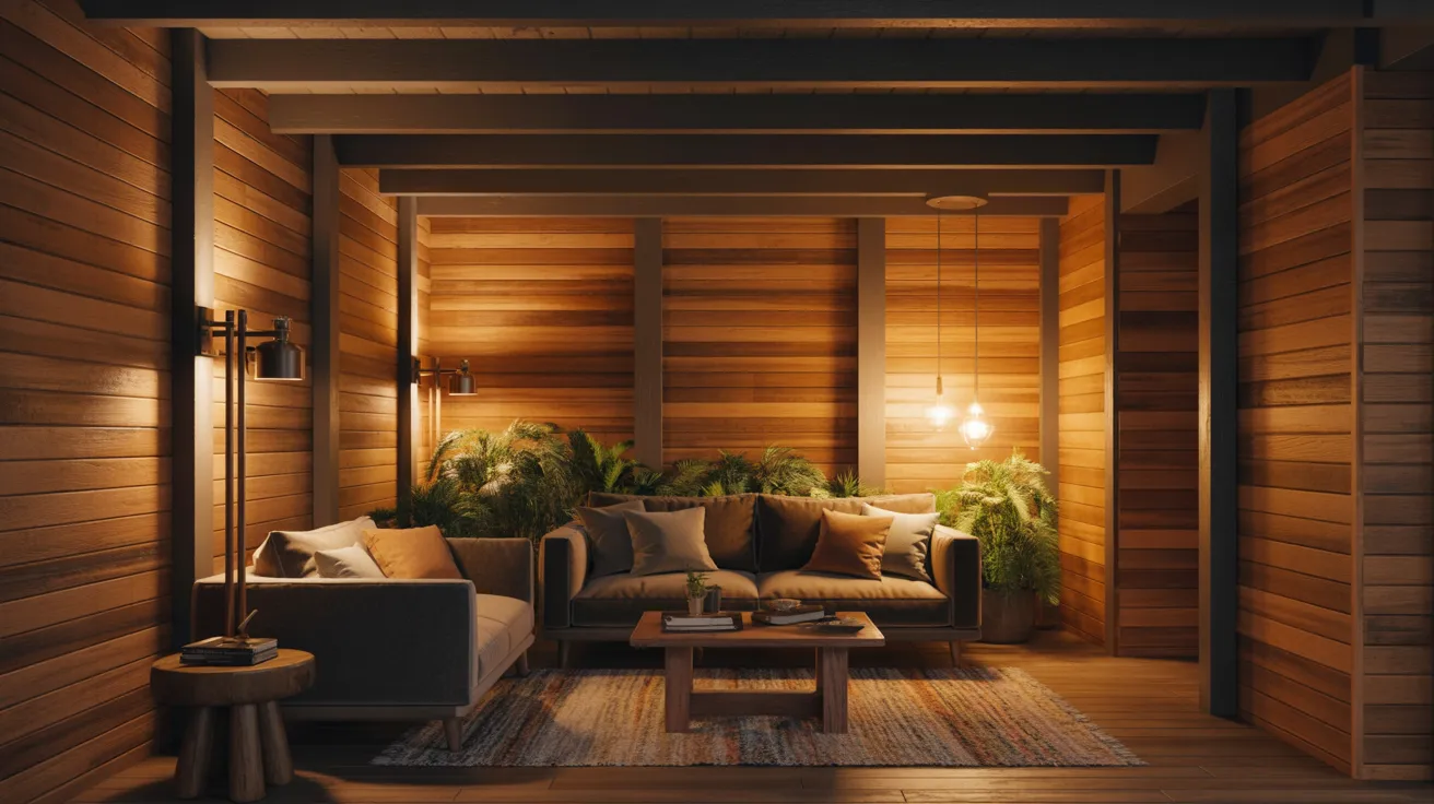 A cozy living room featuring wooden walls and a comfortable couch, creating a warm and inviting atmosphere.