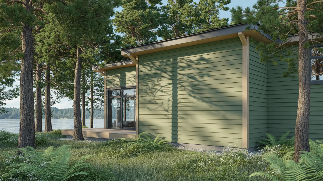 A small cabin nestled among tall trees in a serene forest setting.