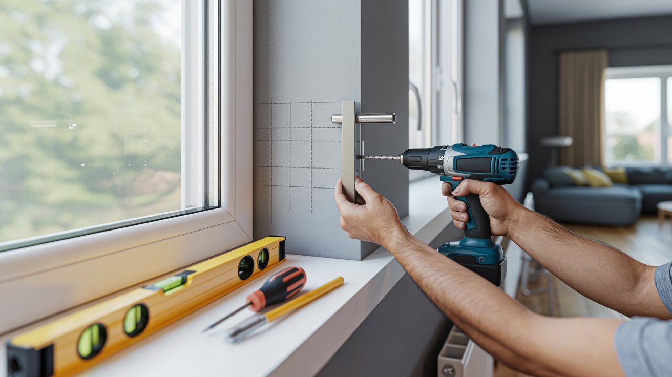 A man operates a drill while installing a window in a residential setting.