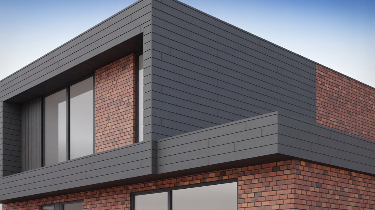 A modern brick house featuring sleek black siding, showcasing a contemporary architectural design.
