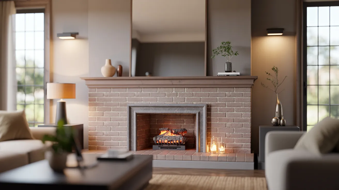 Cozy living room with a lit brick fireplace, surrounded by modern decor. Soft couches, warm lighting, and a serene ambience create a comfortable setting.