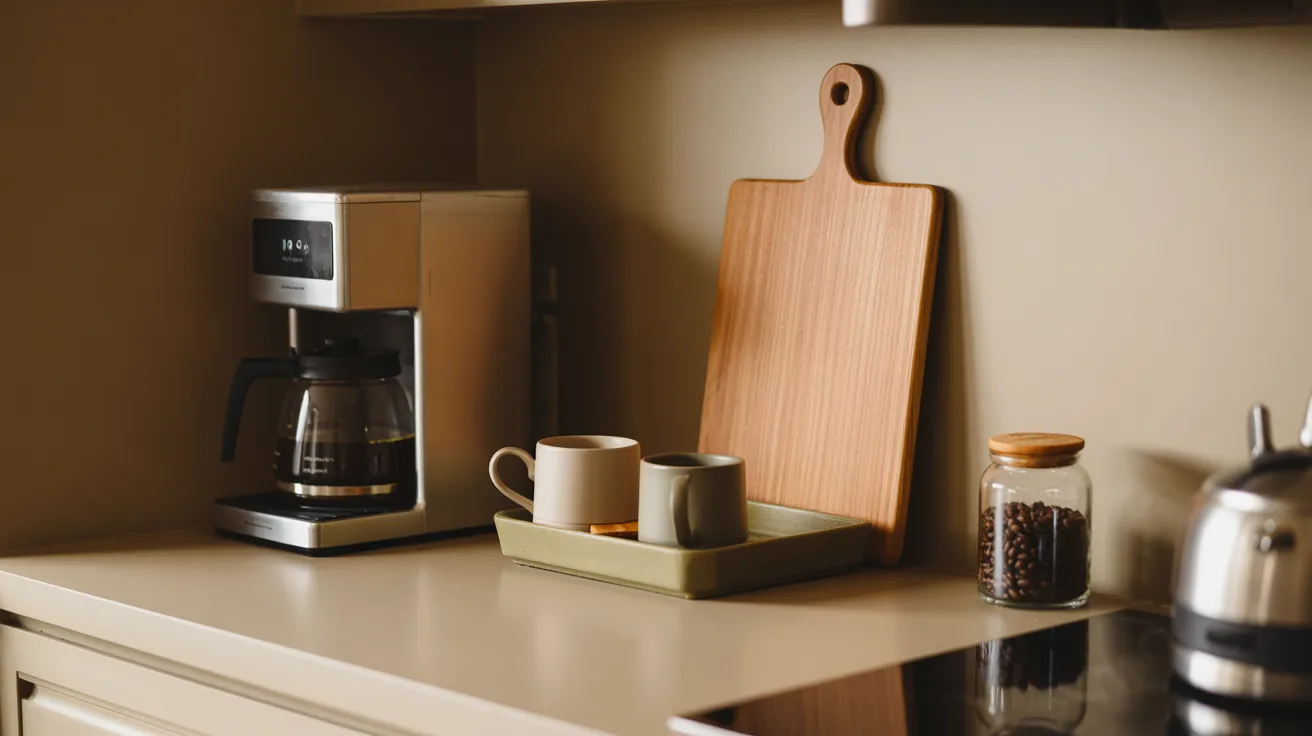 A cozy kitchen countertop with a coffee maker, two mugs on a tray, a wooden cutting board, and a jar of coffee beans, creating a warm, inviting atmosphere.