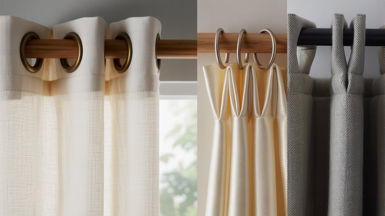 Four distinct types of curtains in various colors and patterns hanging on a rod, showcasing diverse styles and textures.