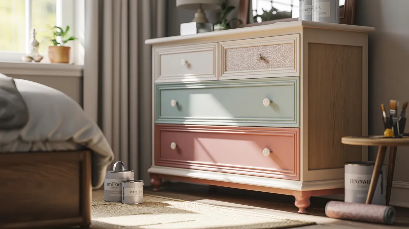 A sunlit bedroom features a colorful dresser with mismatched drawers in white, green, and pink. Paint cans and brushes sit nearby, suggesting a DIY project.