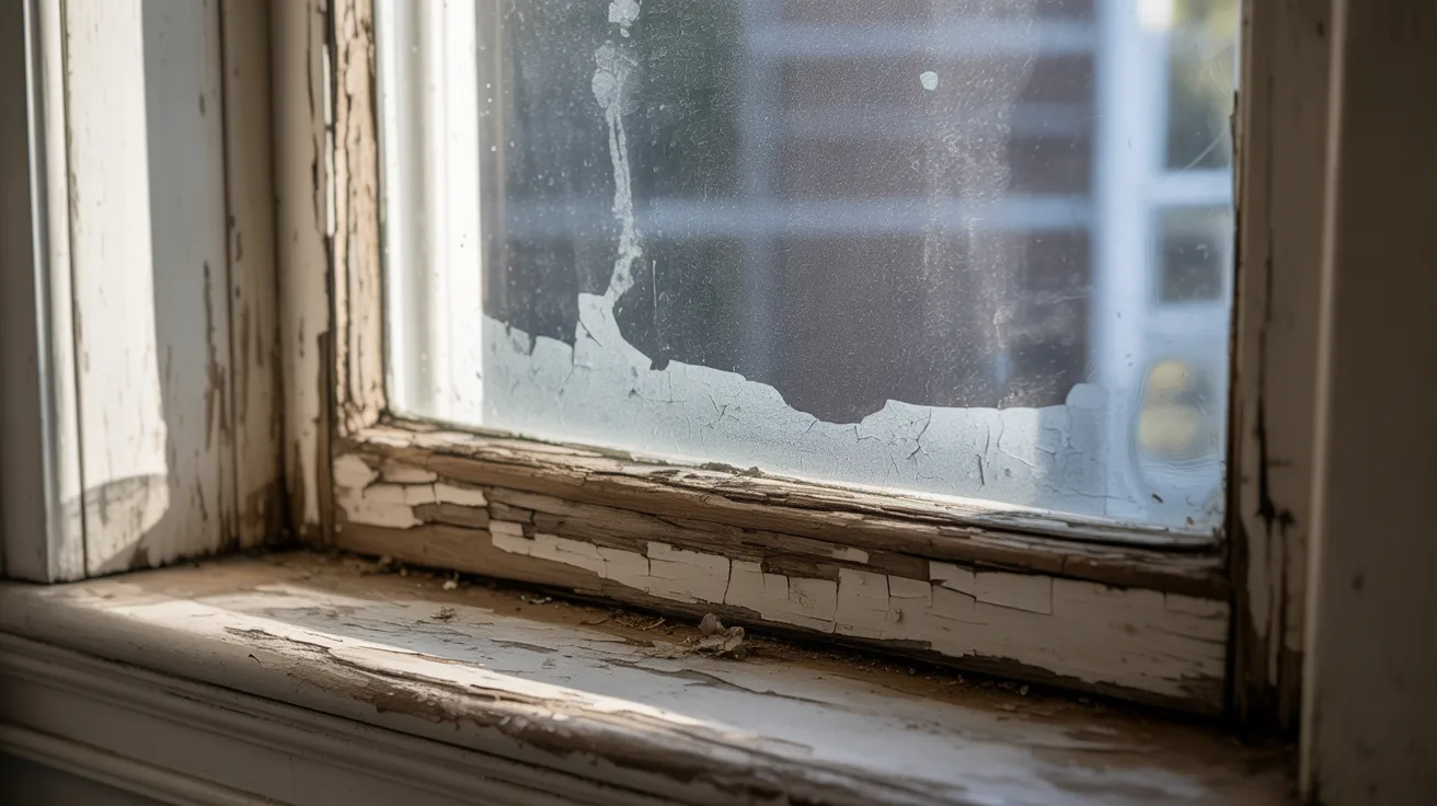 Close-up of a window with peeling paint and a chipped sill. The glass is slightly frosted and dirty, creating an aged, neglected atmosphere.