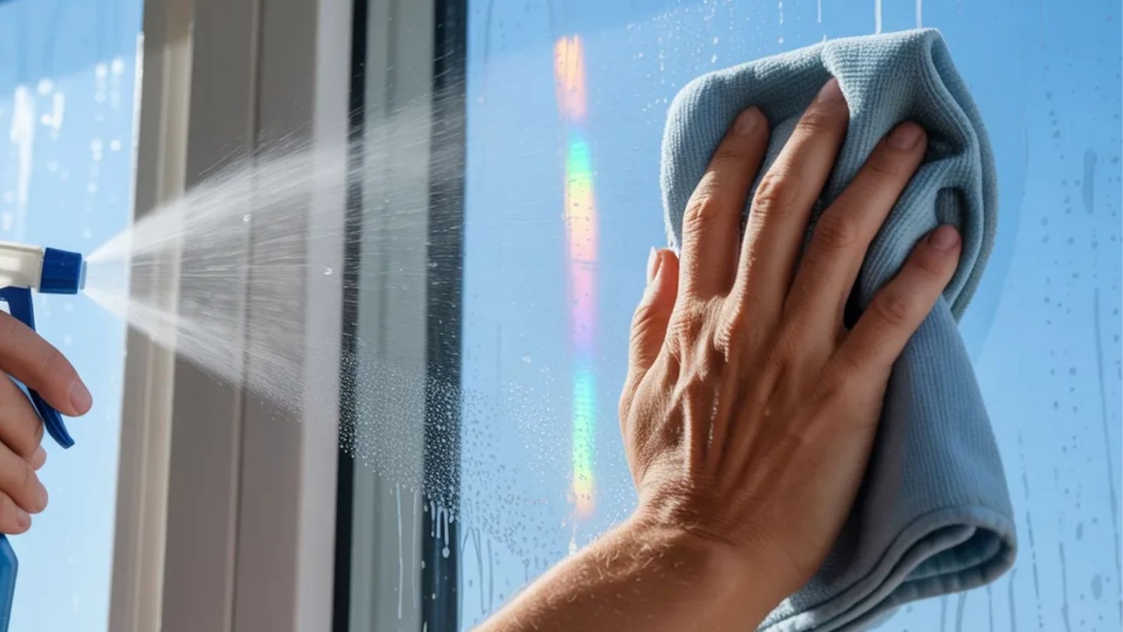 A person cleaning a window using a spray bottle and cloth, focused on achieving a streak-free shine.
