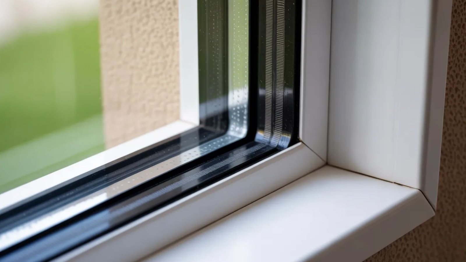 Close-up of a white-framed window, showcasing the frame's details and texture against a blurred background.