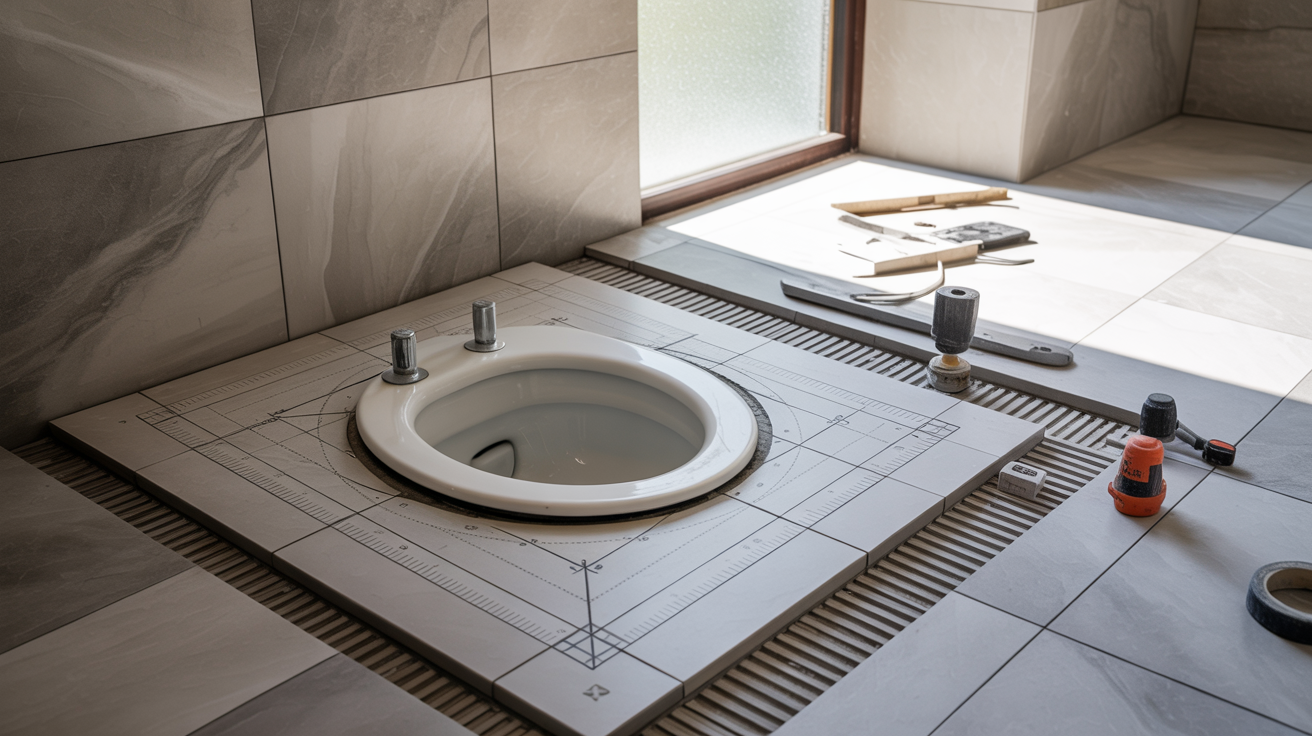 Bathroom renovation scene with a sunken sink installed in a tiled floor, surrounded by various tools. Light streams through a frosted window, creating a calm ambiance.