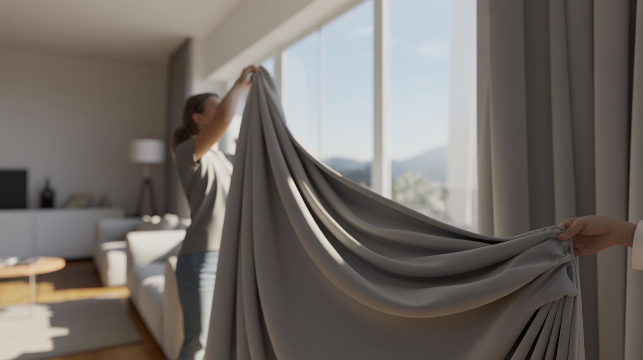 A woman holds a gray curtain in front of a window, preparing to cover the light coming through.