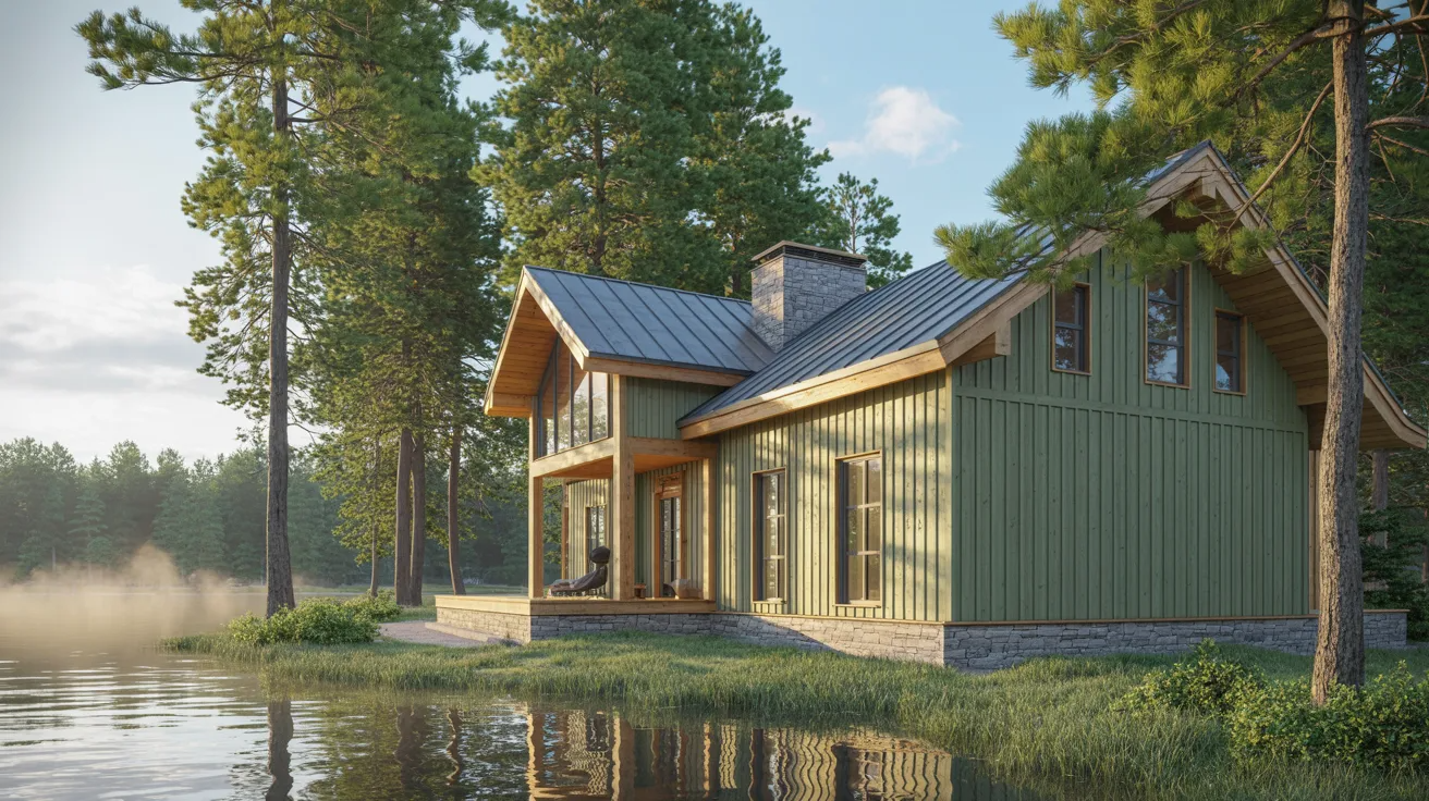 A rustic cabin nestled in the woods, surrounded by tall trees and a serene lake reflecting the natural beauty.