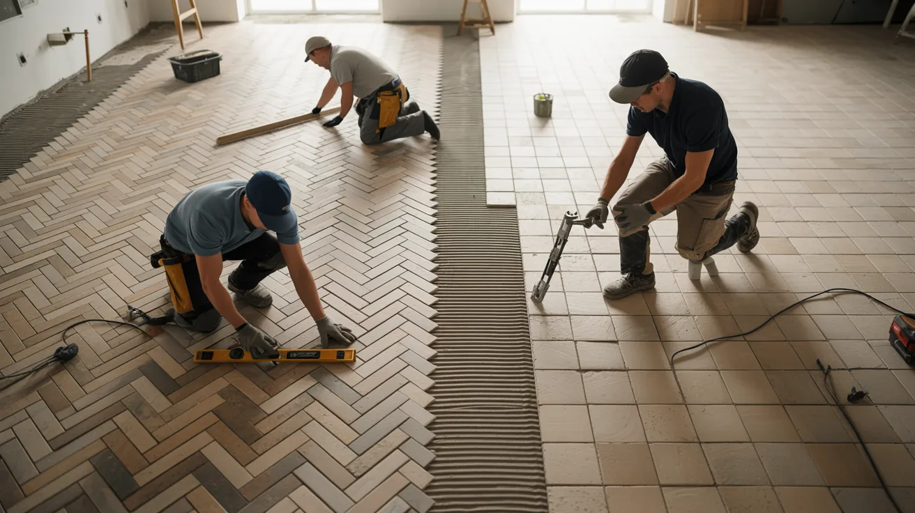 Three men installing tiles on a floor, focused on their work and collaborating on the project.