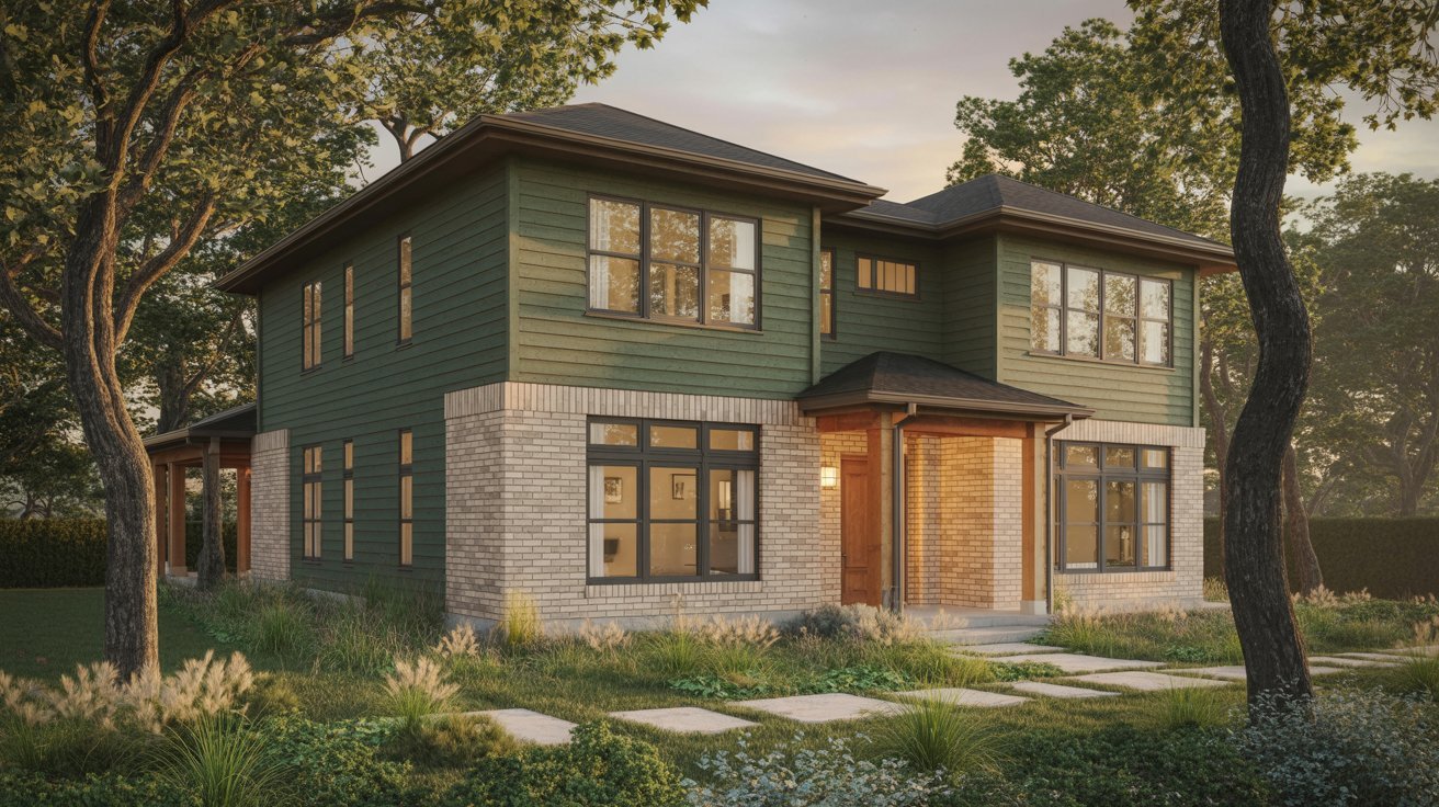 A two-story home with green siding, featuring a welcoming front porch and large windows.