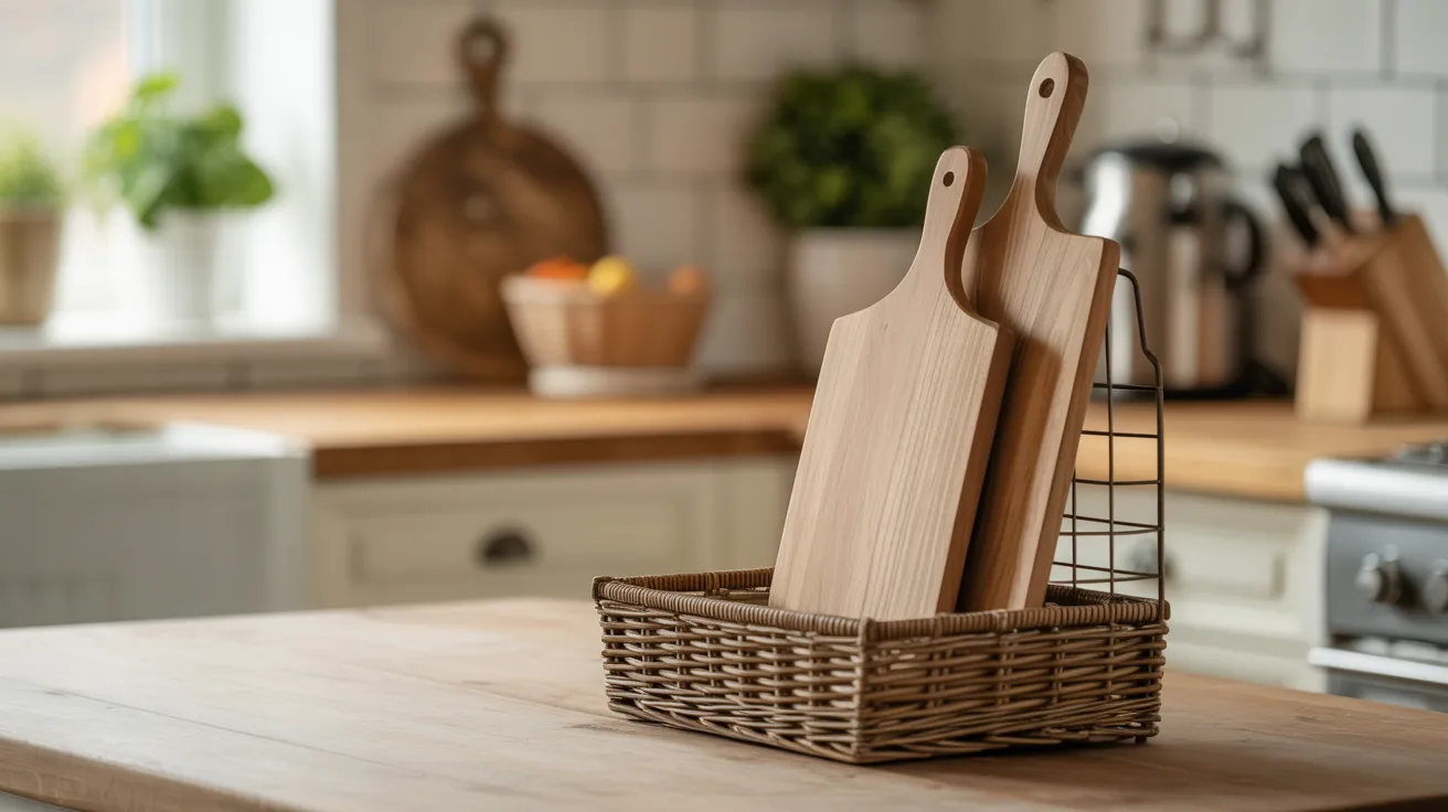 Two wooden cutting boards stand in a wicker basket on a kitchen table. The modern kitchen has light countertops and potted plants by the window, creating a cozy feel.