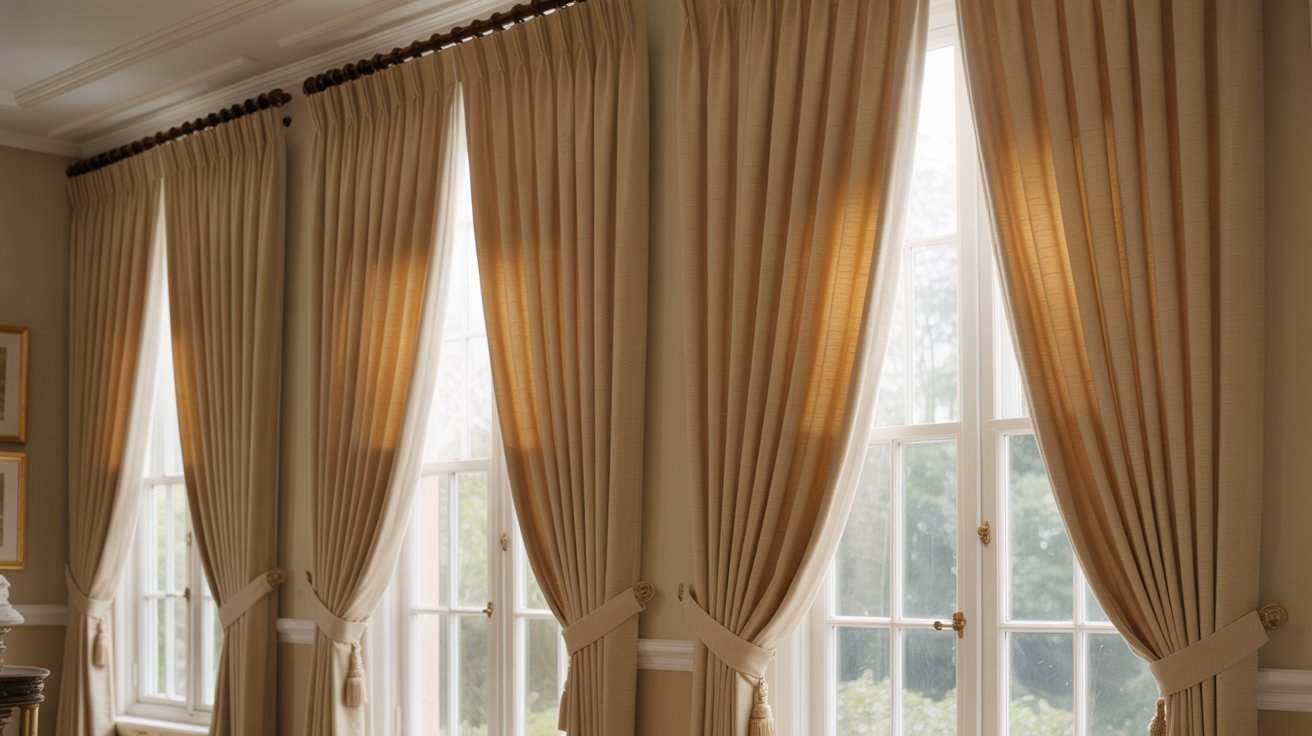 A room featuring soft curtains framing a window, allowing natural light to illuminate the space.