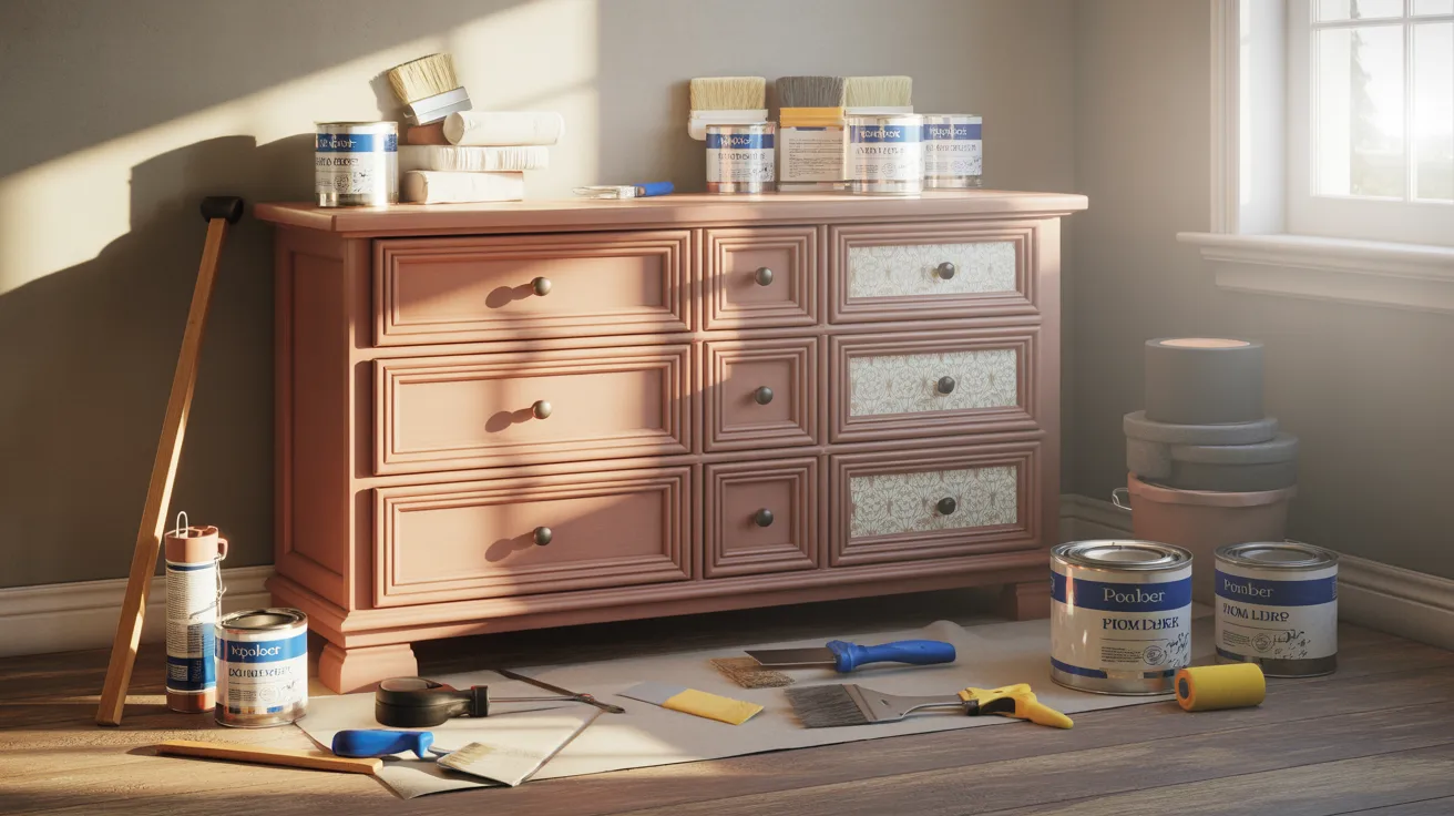 A sunlit room with a pink dresser covered in paint cans and brushes. Painting supplies are scattered on the wooden floor, creating a creative, DIY vibe.