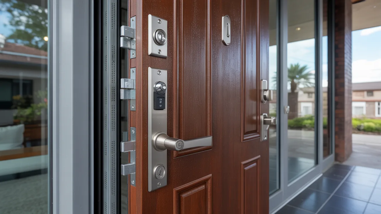A sturdy wooden door with a modern silver lock slightly ajar, revealing a bright, welcoming outdoor view with trees and houses. The scene conveys security and warmth.