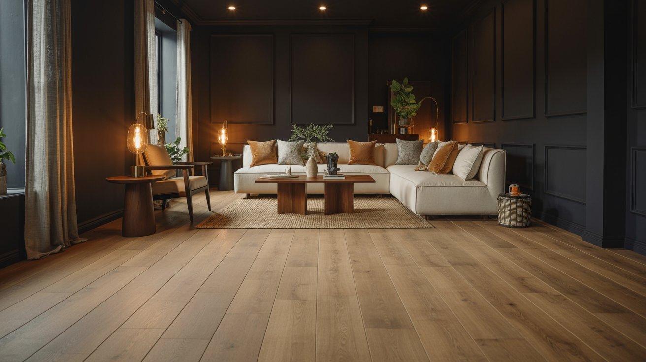 A modern living room featuring dark wood floors and striking black walls, creating a bold and elegant atmosphere.