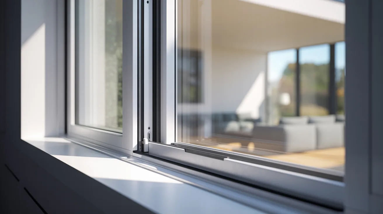 Close-up of a modern, open window with a view into a bright, minimalistic room featuring a gray sofa. Sunlight streams in, creating a warm, inviting atmosphere.